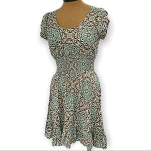 American Rag green kaleidoscope scoop neck skater dress smocked waist Medium‌‌‌‌